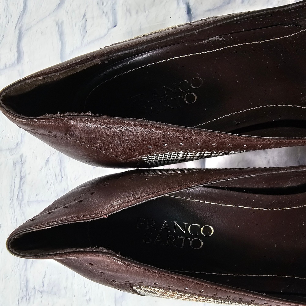Franco Sarto Halley Heels Women 9 Brown Plaid Wingtip Block Pump Bow Academia - Picture 12 of 14
